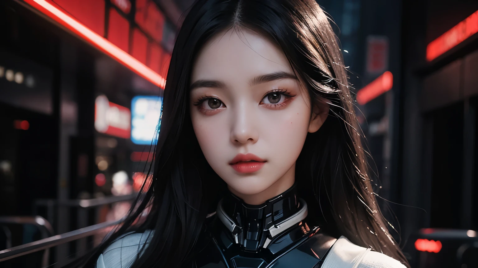 One beautiful woman。Black Hair。Detailed drawing of faces。Beautiful double eyelids。Straight nose。Well-shaped lips。She is dressed in futuristic clothing.。Behind her in the space spreads a futuristic city bathed in the red light of dusk.。Masterpiece。
