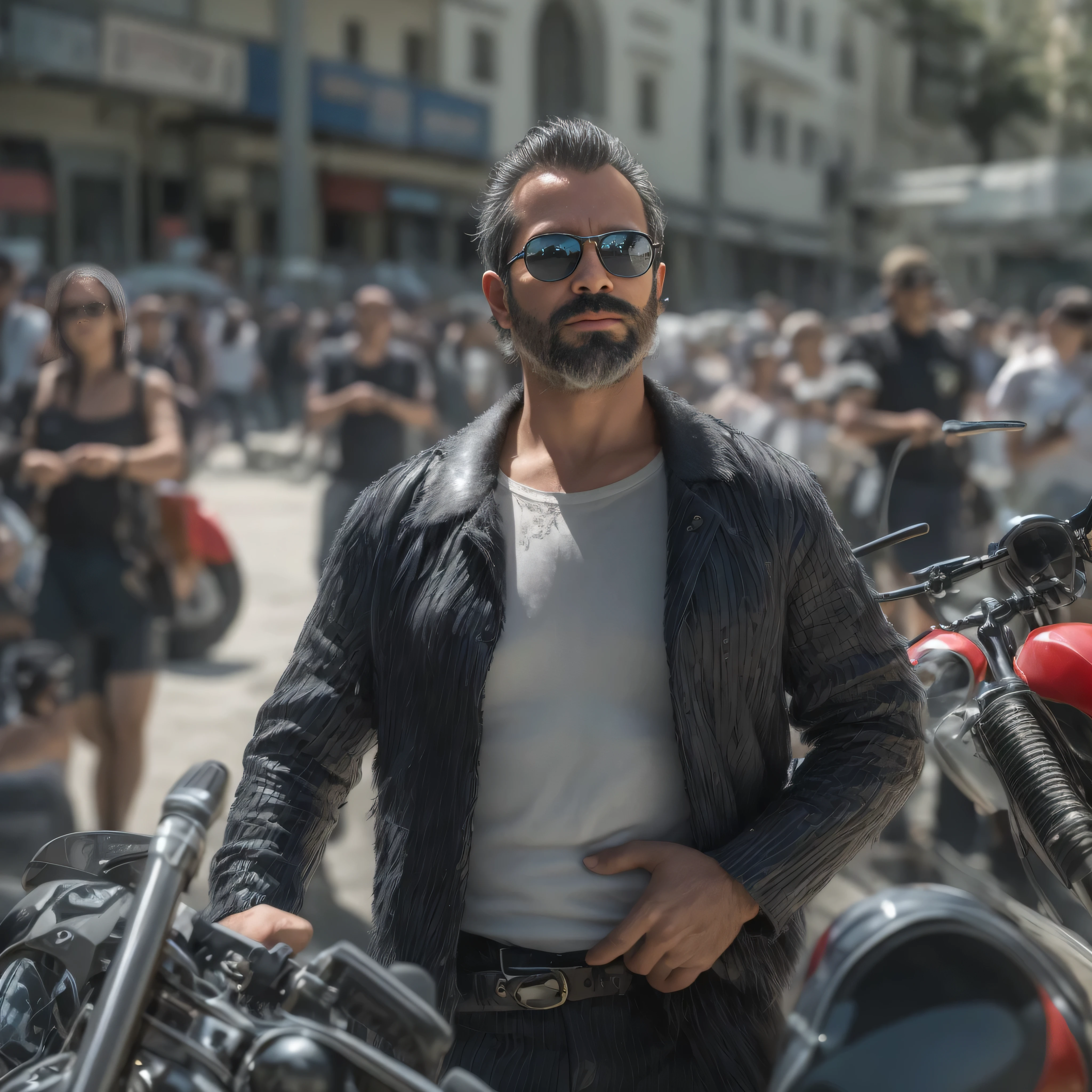 {
"prompt": "a 38 year old man, con barba y lentes de sol, appears as the protagonist in a scene from the &#39;Fast and Furious&#39; saga. It is a medium shot focusing on the upper part of the body. It is in the middle of a busy street in a modern city, rodeado de coches deportivos de alta gama y motos de gran cilindrada. The man is dressed in a black leather jacket and a white t-shirt, luciendo una actitud desafiante y confiada. El sol brilla intensamente, creando reflejos en los coches y un ambiente lleno de adrenalina. Al fondo, se pueden ver rascacielos y una multitud de personas observando la escena."
}