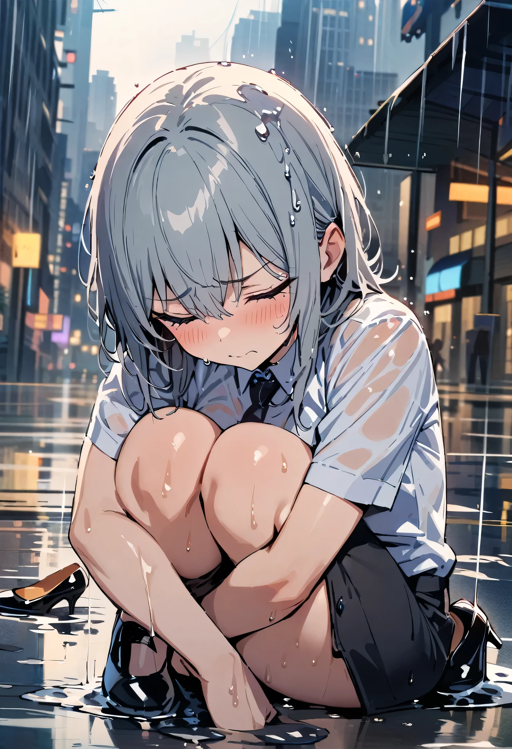 (masterpiece, best quality, 1girl, office attire, completely soaked from heavy rain, rainwater dripping from hair and clothes, tired expression, high heels sinking into puddle, stormy city background),Upper Body