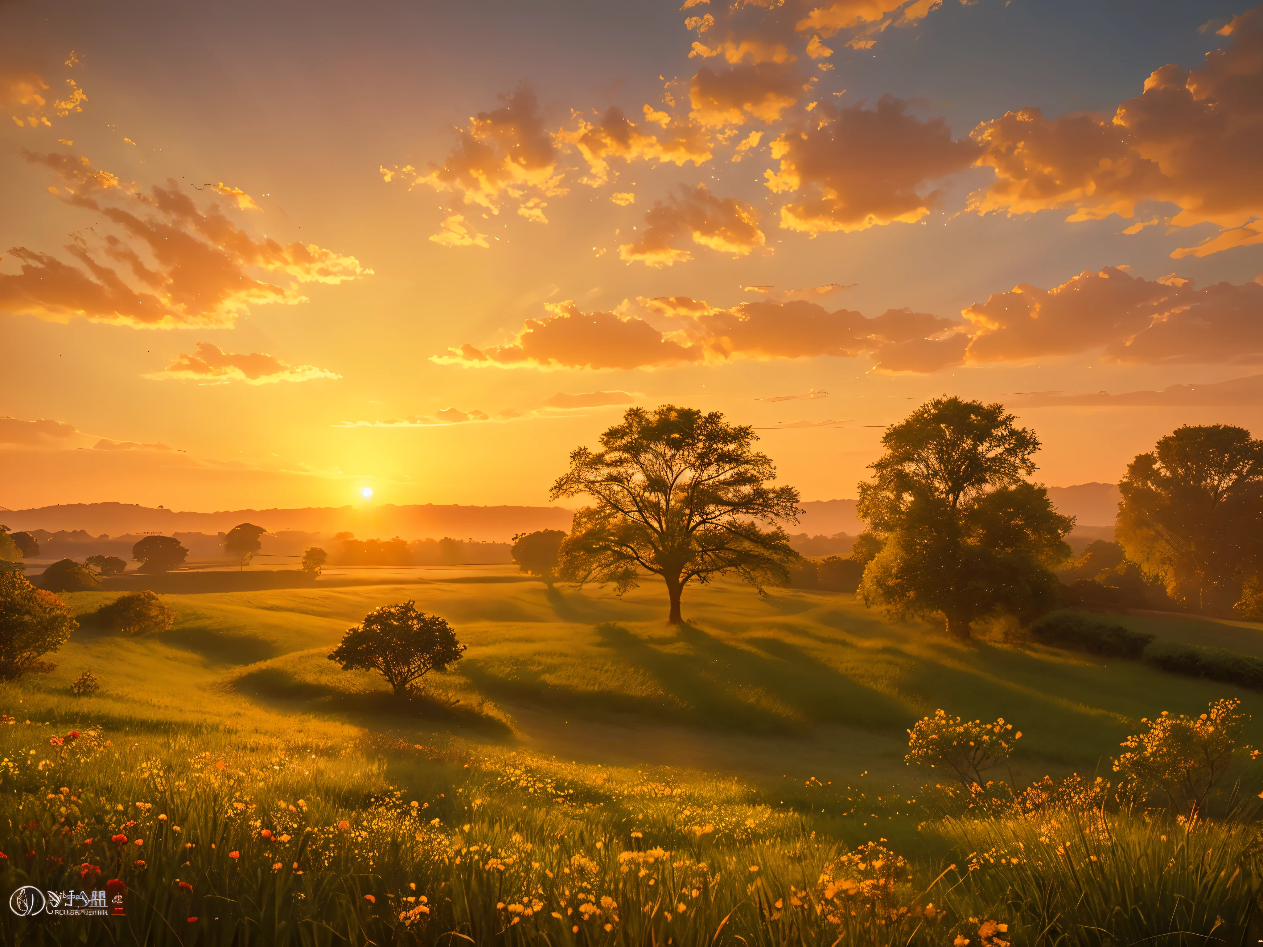In the breathtakingly beautiful sunrise scenery, delicate petals flutter softly in the morning breeze, casting pale shades across the landscape. This enchanting painting captures the serene moment with meticulous detail: the golden sun rising over the horizon, casting a warm glow on the horizon and reflecting off the dew-kissed petals. The image exudes a sense of tranquility and offers a glimpse into the serene beauty of nature.