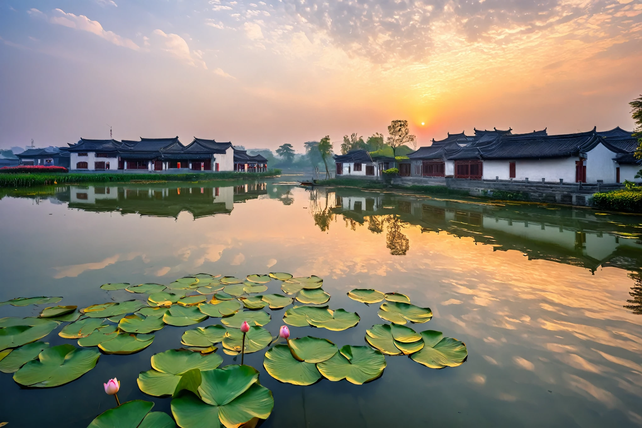 calm afternoon, by Shen Quan, Reflections on the water surface of a village in Jiangnan, China, Lake view of a small village with a lake，Photographed by Shi Rui, shutter, Art Nouveau, Chinese scenery, Hangzhou, old Chinese building, The view of Jiangnan Village during the golden hour, nice images,  at sunrise, Lotus flowers on the water, At sunrise, Lotus Pond, Beautiful scenery 8k、high resolution、National Geographic Works、RAW photos、International Gold Award Photo