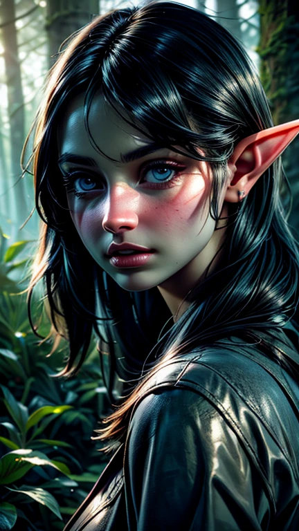 a young elf girl, looking back, beautiful detailed eyes, beautiful detailed lips, extremely detailed face and features, long eyelashes, forest, trees, sunlight, warm light, magical, fantasy, (best quality,4k,8k,highres,masterpiece:1.2),ultra-detailed,(realistic,photorealistic,photo-realistic:1.37),digital painting,concept art,highly detailed,vibrant colors,dramatic lighting