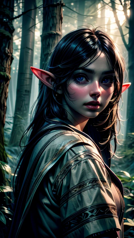 a young elf girl, looking back, beautiful detailed eyes, beautiful detailed lips, extremely detailed face and features, long eyelashes, forest, trees, sunlight, warm light, magical, fantasy, (best quality,4k,8k,highres,masterpiece:1.2),ultra-detailed,(realistic,photorealistic,photo-realistic:1.37),digital painting,concept art,highly detailed,vibrant colors,dramatic lighting