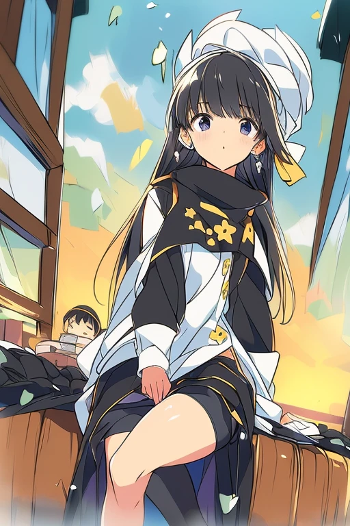 (best quality, masterpiece), Turquoise filter, (1 Girl, Solitary, Brown robe, Expression face, look up, sit, Wide sleeves, black eyes, Shut up, long hair, Cowboy shooting), (Clear skies, Cosmos flowers, cloud),1 Girl, Kafkadev, earrings, Wearing glasses on head, sunglasses, White shirt, black jacket, Long sleeve, Purple gloves, shorts, Pantyhose, Thigh straps