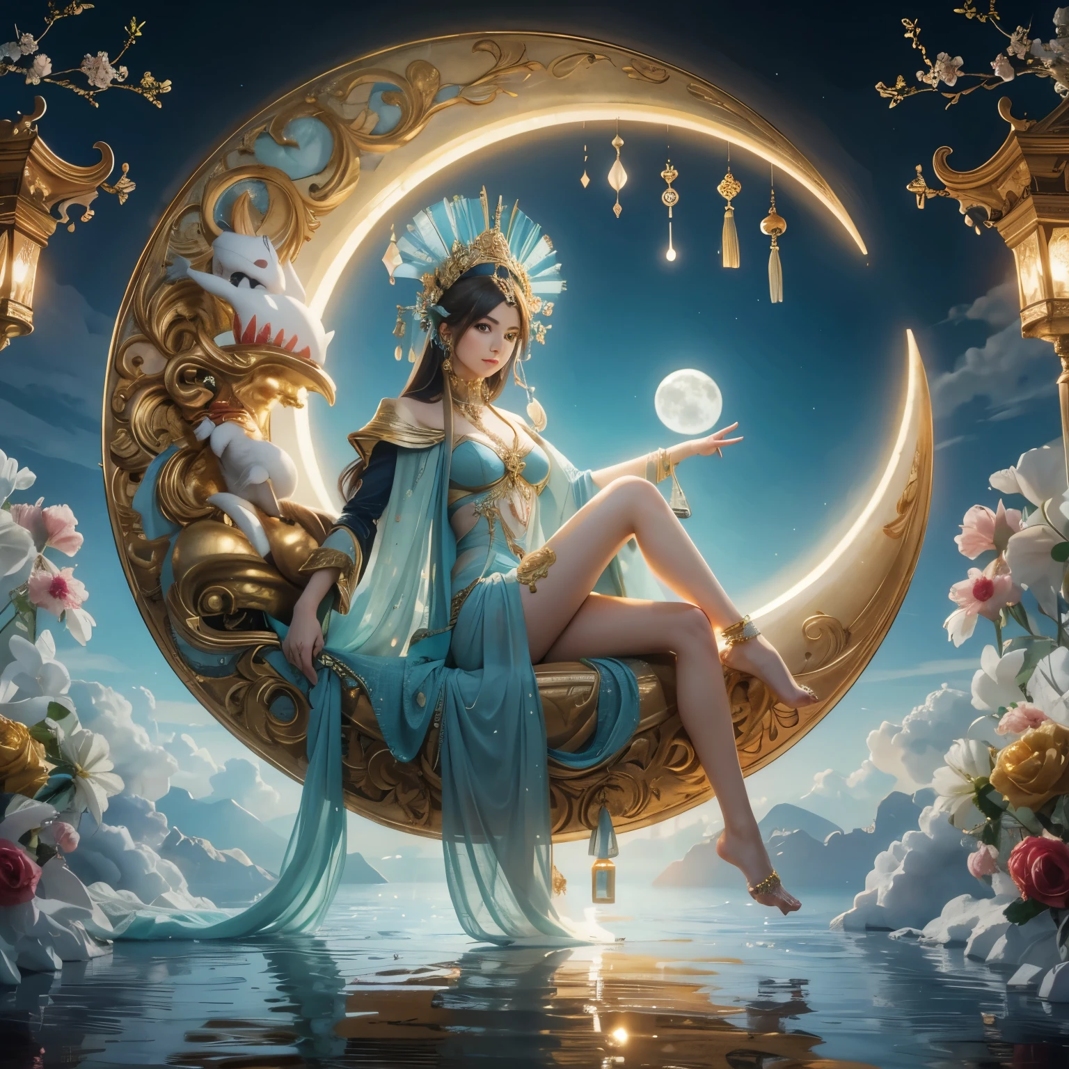 Moon Queen sitting across a crescent moon 8k resolution,