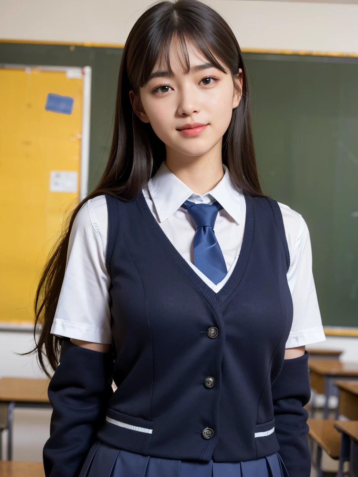 (school uniform:1.5), (Photorealistic:1.4), (Best quality:1.0), (Ultra-high resolution:1.0), 8K, RAW photo, (Masterpiece:0.2), Ultra-detailed, Close short, 1girll, Beautiful skin, Detailed skin, view the viewer, full bodyesbian, (Long hair:1), Smile, (Closed mouth:1)