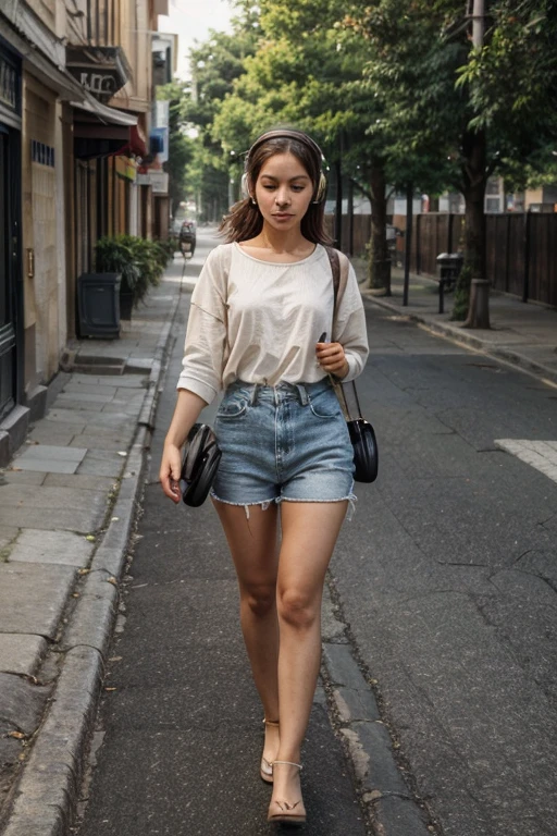 A beautiful, cultured girl walks down the road with headphones on, lost in her own world, exuding grace and simplicity with every step she takes.