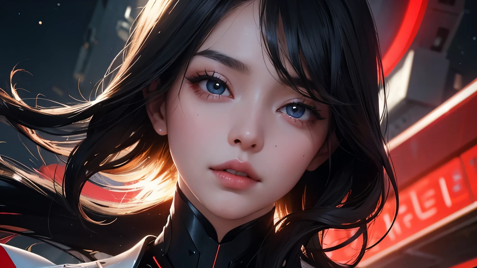 One beautiful woman。Black Hair。Detailed drawing of faces。Beautiful double eyelids。Straight nose。Well-shaped lips。She is dressed in futuristic clothing.。Behind her in the space spreads a futuristic city bathed in the red light of dusk.。Masterpiece。