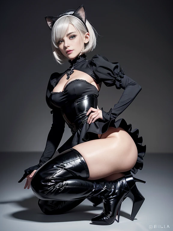 8K,Masterpiece,One woman,Smile,30 years old,blue eyes,White Hair,Short Bob Hair,(Gothic ),Dutch beauty,Ella Freya(Ella Freya),Dynamic Angle,skirt lift,White pantie Shot,Ca,Dynamic Pose,2b, short hair, Knee socks, gloves, Long sleeve, dress, Holding,Slender figure, Cleavage, Small brray Hair, hair bots, Puffy sleeves, black Knee socks, k footwear, Mole, black dress, High heels, leotard, Clothing cutouts, thigh boots, Cleavage cutout, black hair band, Julve, high heel boots, Feather ornament sleeves,