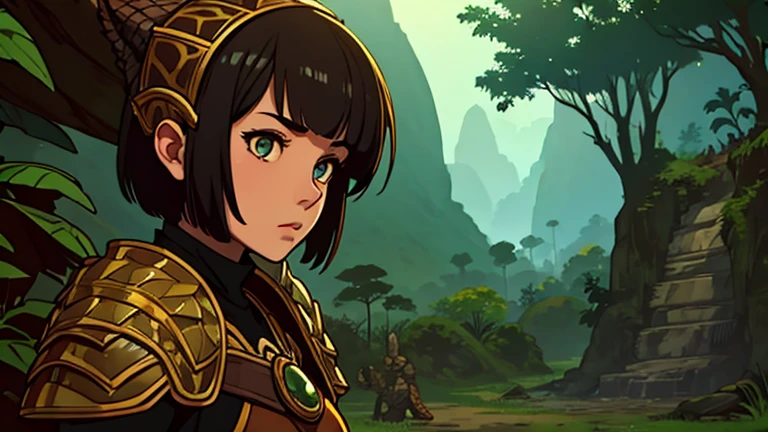 1girl, expressive eyes, short hair, in rathian armor, big jungle in sunset in background, detail richness, masterpiece, best quality, monster hunter style