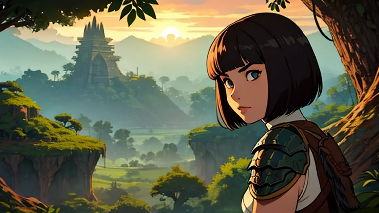 1girl, expressive eyes, short hair, in rathian armor, big jungle in sunset in background, detail richness, masterpiece, best quality, monster hunter style
