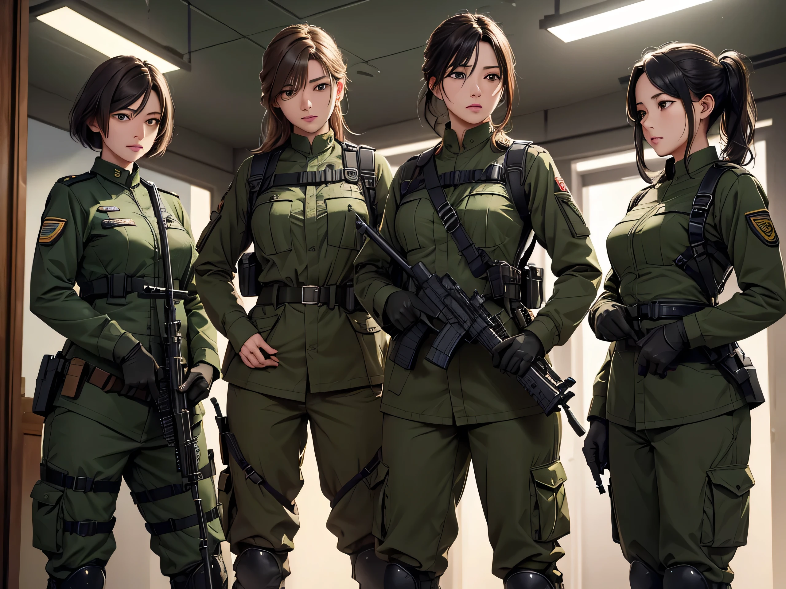 Three female soldiers,Dark green military uniform、Military Pants、Tactical harness、Military rifle in hand,Side-by-side stations,See the thighs,patrol,base,Write details、masterpiece、best quality、Highly detailed CG、8K picture quality、theater lighting、lens flare,All wear helmets,All belts。