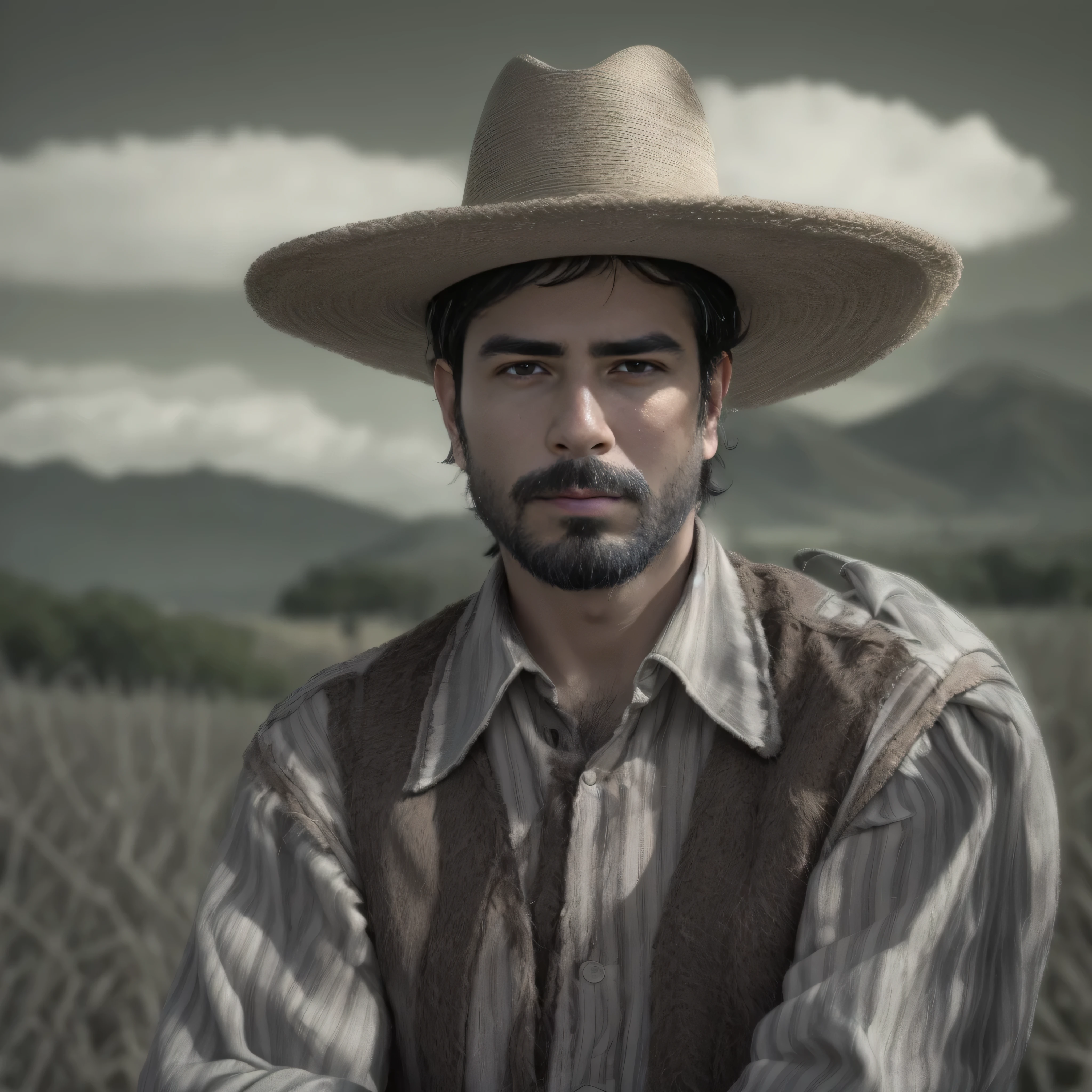 {
"prompt": "a 38 year old man, con barba y lentes de sol, appears as the protagonist in a scene from a regional Mexican music video. It is a medium shot focusing on the upper part of the body. The man is in a rural landscape, surrounded by green fields and mountains in the distance. Lleva un sombrero de vaquero, una camisa de cuadros y un chaleco de cuero, reflejando el estilo tradicional mexicano. En sus manos, sostiene una guitarra, listo para tocar. A su alrededor, hay caballos pastando y una hacienda en el fondo. The atmosphere is calm and authentic, capturando la esencia del cam