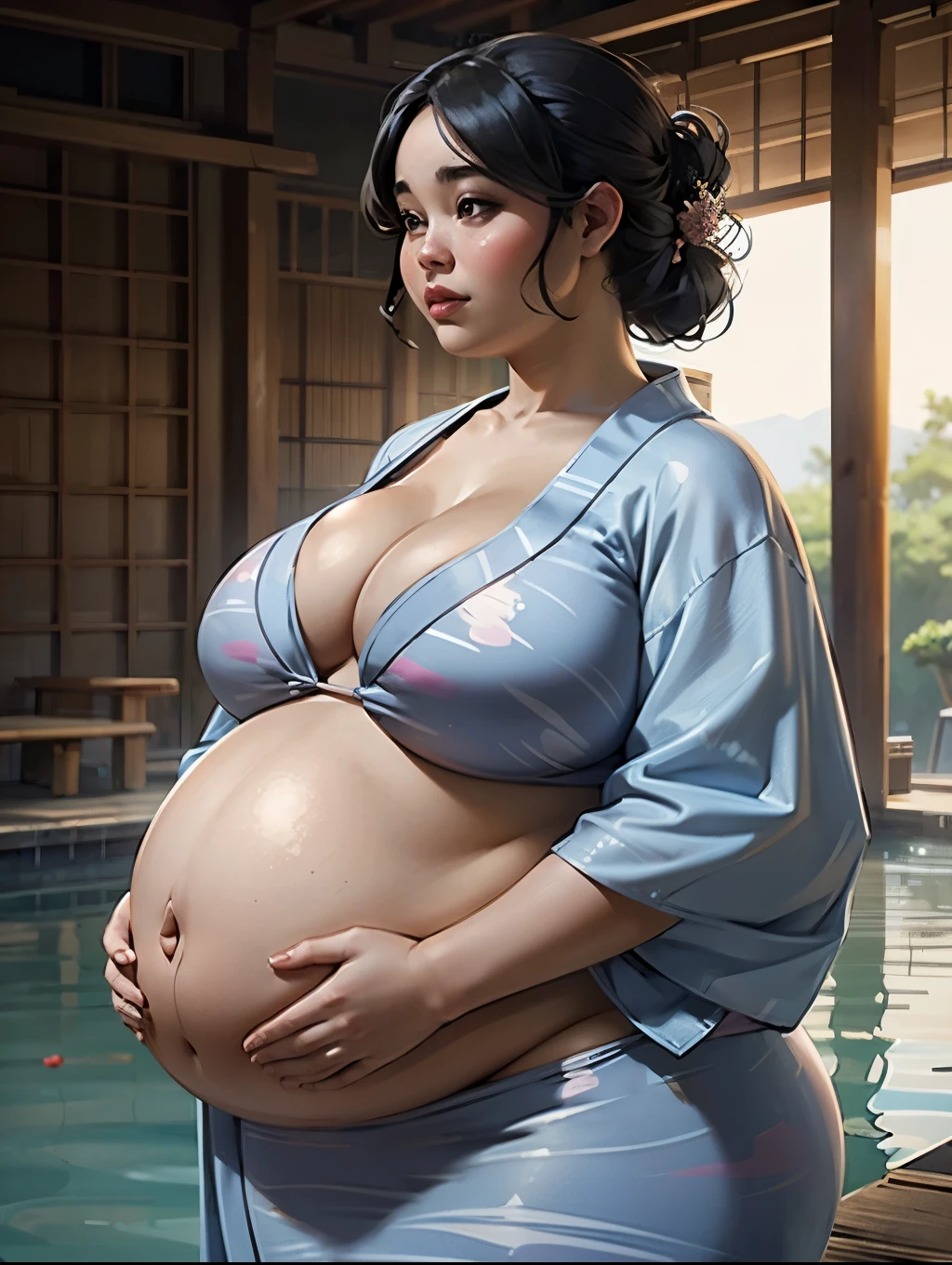 Gorgeous chubby pregnant woman, updo hair, open yukata, (bikini), outdoor Japanese garden, bbw, morbidly obese, round protruding belly, weight gain, (high quality lighting),