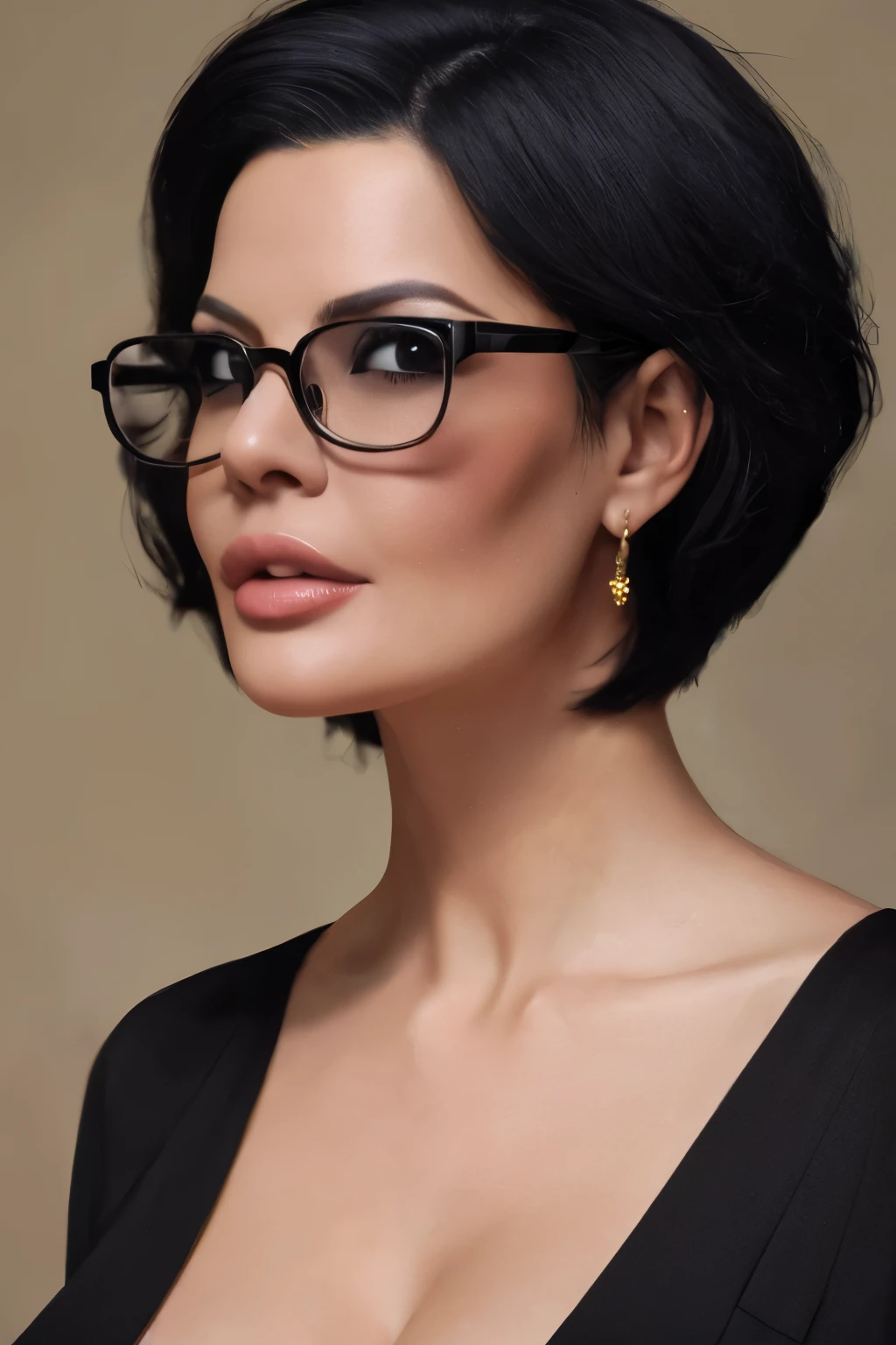 breathtaking oil painting, sexy tall short hair milf english teacher,wearing glasses,super sexy slim,wearing black dress,sleevless,short hair,black glasses frame,kind of horny, photorealistic oil painting, by charlie bowater, fine details, by wlop, trending on artstation, very detailed 