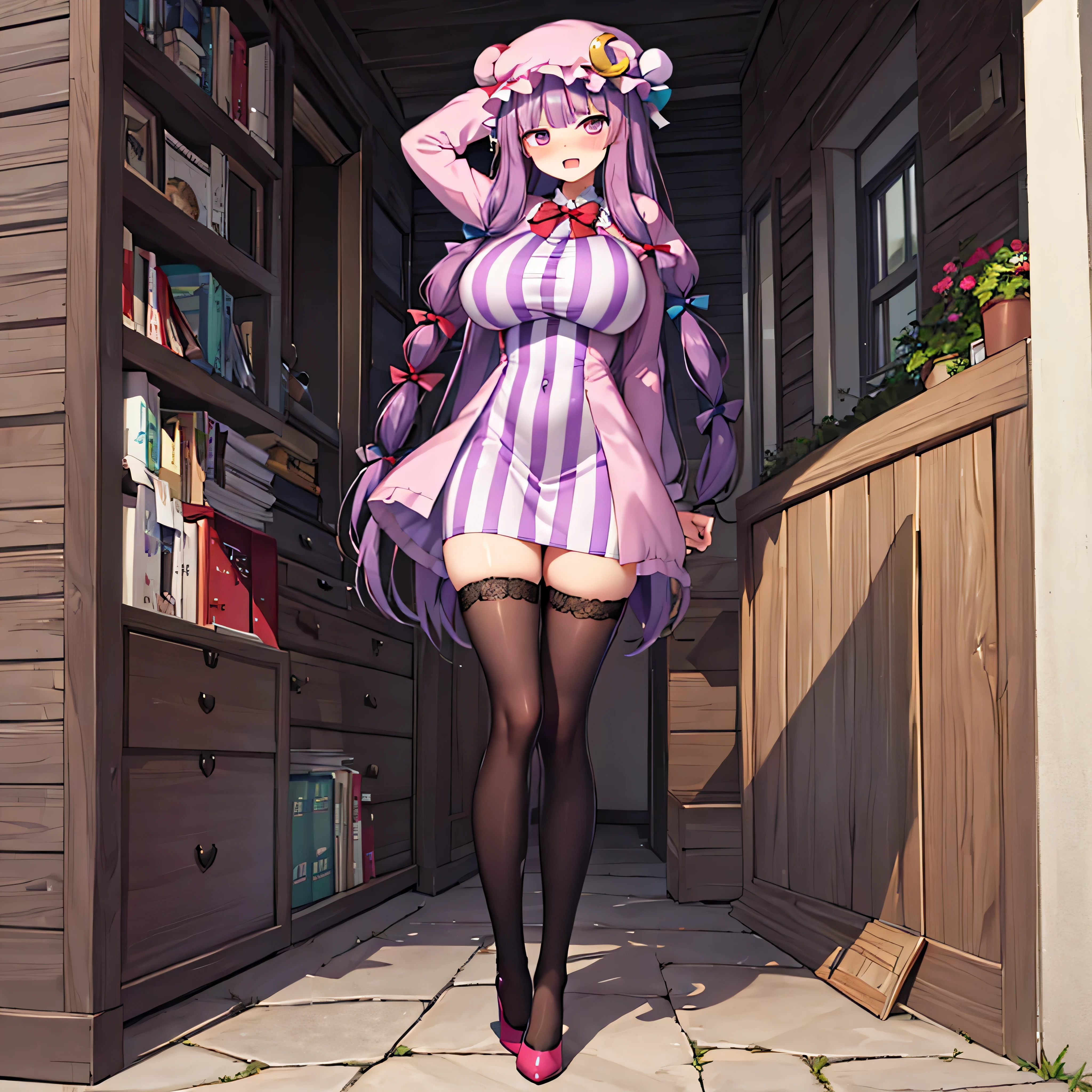 (solo), (Patchouli toho character:1.2), (standing at lakeside forest alone), outside, (standing with open legs wide:1.5), (arms behind back), swaying back, stretch legs, tiptoe, BREAK, (disproportionately gigantic huge breasts:1.2), inconceivably narrow waist, very short torso, (skinny long legs apart:1.2), BREAK, capelet, short dress, very short skirt, thigh gap, (black thighhighs:1.2), stiletto heels, BREAK, smile for viewer, open mouth, nose blush, full body, pussy juice, orgasm, (nsfw:0.5)