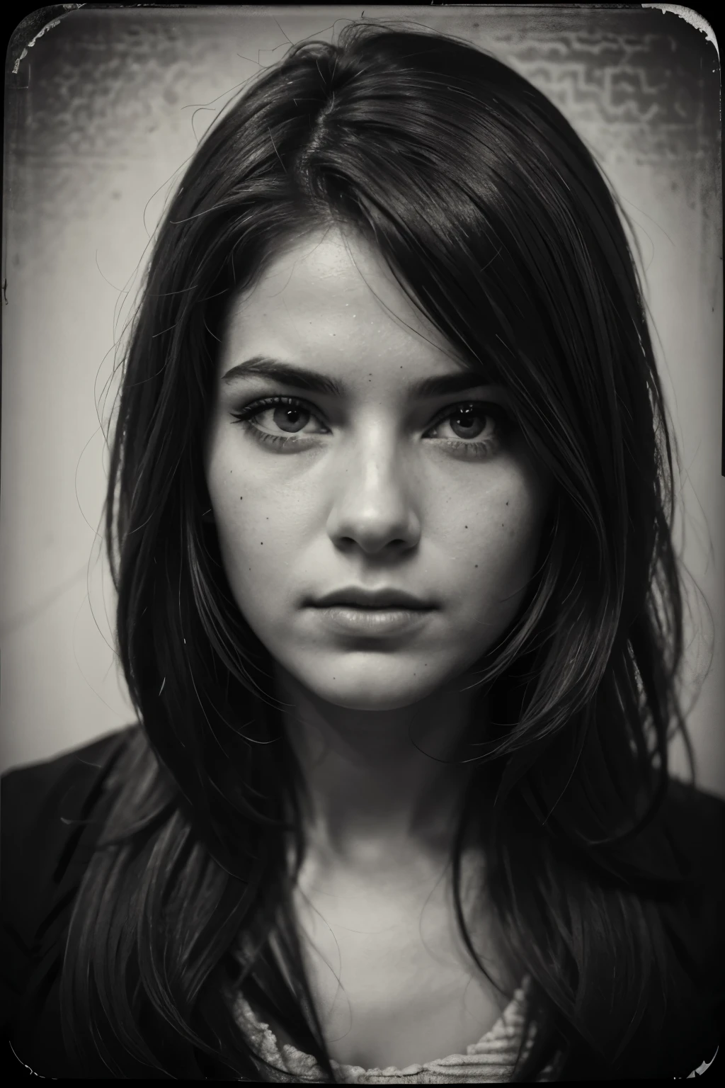 A girl in a mugshot, sketch, black and white, detailed features, cute, vintage style, high contrast lighting, expressive eyes, tousled hair. (best quality, highres, realistic:1.37), vintage, monochrome, intense gaze, dramatic lighting, rugged background, distressed paper texture, retro vibes, id photo, front view