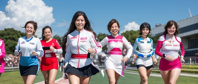 Photorealistic、40 years old.Race Queen、5PeopleFemale group、Middle-aged women、Racing Suits、skirt、Photorealistic、Posing、Circuit Girl、40 years old、Chubby body type、The background is the circuit pit、japanese.Matching Costumes、