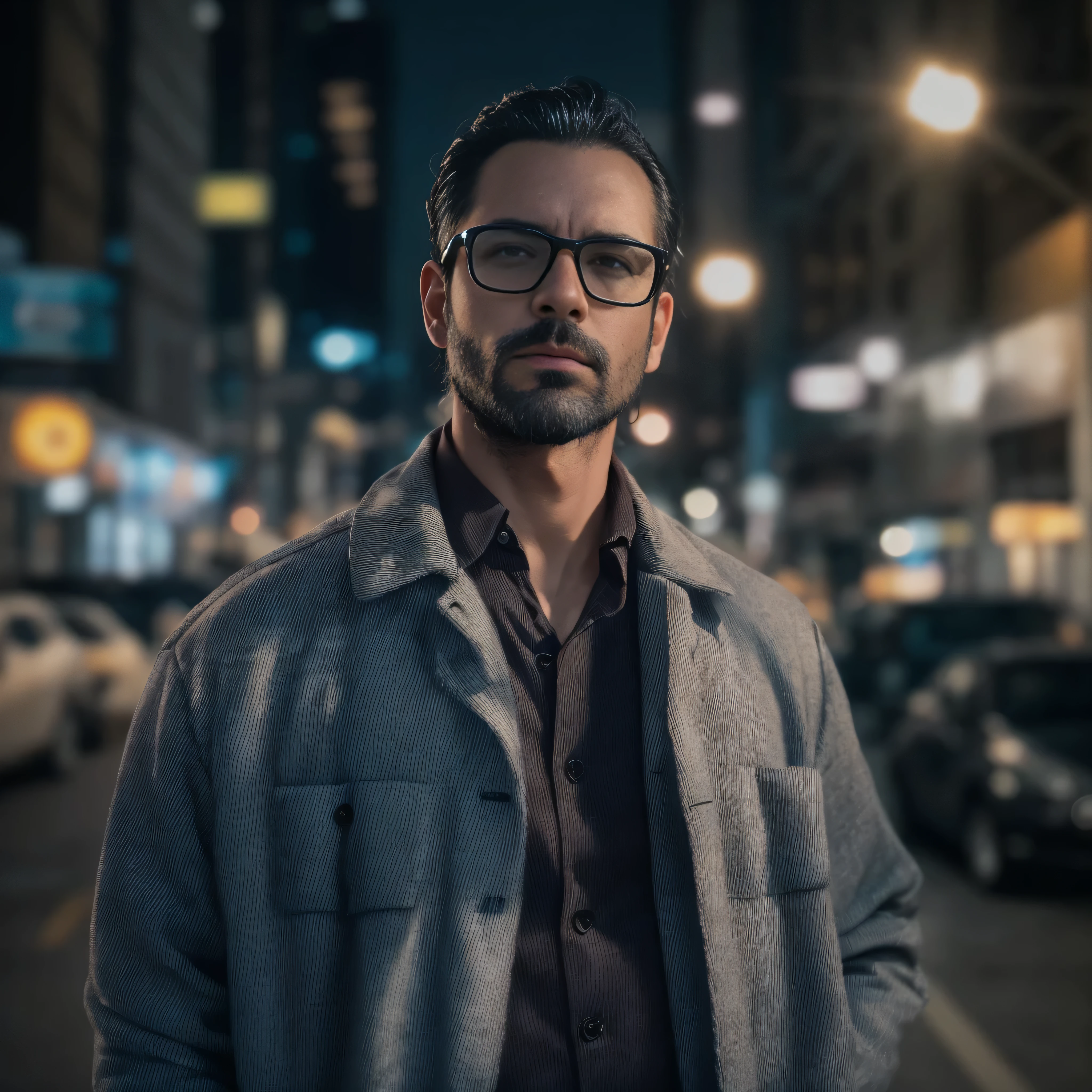 {
"prompt": "a 38 year old man, con barba y lentes de sol, aparece como protagonista en una escena de una serie original de Netflix. It is a medium shot focusing on the upper part of the body. The man is in a modern city, with skyscrapers and neon lights around it. Lleva una chaqueta elegante, camisa oscura y jeans, showing a contemporary and sophisticated style. He is standing in an alley illuminated by warm lights from nearby buildings., with a serious and determined expression. En el fondo, se pueden ver personas caminando apresuradamente y coches pasando. The atmosphere is intriguing and urban, with a touch of mystery and drama that is characteristic of Netflix productions."
}