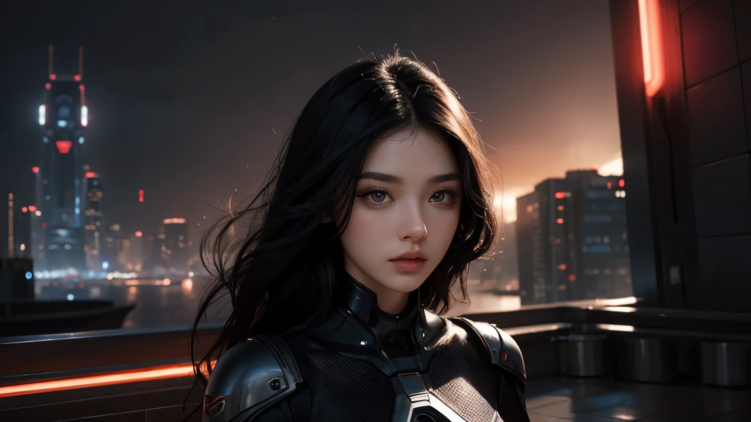 A beautiful woman. Black hair. Detailed drawing of the face. Beautiful double eyes. The bridge of my nose. Well-shaped lips. She is dressed in futuristic clothing. In the space behind her, a futuristic city is bathed in red dusk light. A masterpiece.