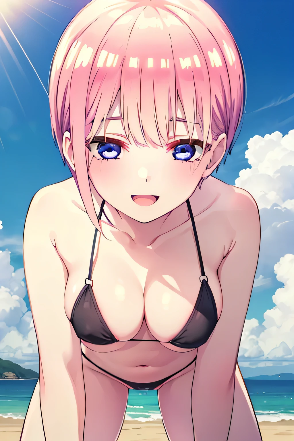 1girl , (ichika nakano, Ichika Nakano), bangs, blue eyes, Pink Hair, short hair,happy smile, smile, Open your mouth,((nsfw,black ultra micro bikini)),Real Summer,Daytime,sunny,My hair is blowing in the wind,whole bodyがイラストに入るように,Slender body,
break outdoors, Beach , Coastal street break looking at viewer, whole body,(On all fours,Wide-open legs,nsfw)
break (masterpiece:1.2), highest quality, High resolution, unity 8k wallpaper, (shape:0.8), (Beautiful details:1.6), Highly detailed face, Perfect lighting, Extremely detailed CG, (Perfect hands, Perfect Anatomy), 