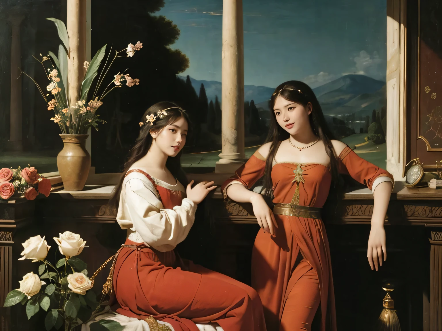 Giorgione painting style,Arguments of two female Philosophe,math、astronomical machine、astronaut、roses in vase、fruits、Cute trinkets、smile、ancient greek costume、Background is a forest lake at night 、Clothes that stretch your shou