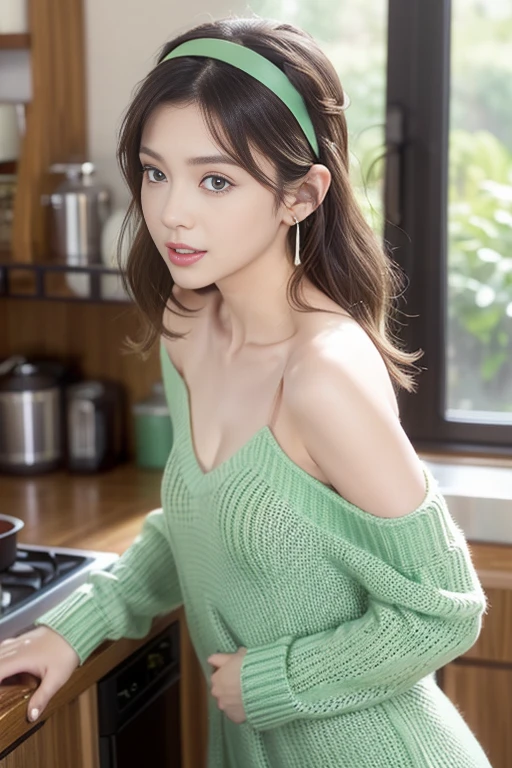 (small breasts:1.3), (perky chest:1.1), (pointed chest:1.0), (fashion magazine cover:1.3),(from below:1.0),(from side:0.9),masterpiece, 1girl, Amazing Cleavage:1.1, thin waist, big ass, Raised sexy, small breast: 1.3, posed cleavage:1.2、solo, looking at viewer, open mouth, have a cute grass of cute beergrass,black hair, dark green eyes, dress, bare shoulders, jewelry, collarbone, sidelocks, hairband, earrings, indoors, off shoulder, :o, sweater, arms behind back, plant, short hair with long locks, gild hairband, off-shoulder dress, sweater dress, off-shoulder sweater, red sweater, dark gord hair, big side hair, very long side hair,is rendered in (masterpiece: 1.2, best quality), with (ultra high resolution) and an exquisite (depth of field). This masterpiece is not only visually stunning but also tells,A scene of cooking in the kitchen by classroom