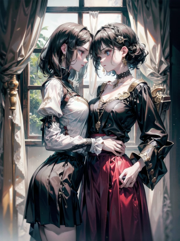 absurdres, RAW photo, extremely delicate and beautiful, masterpiece, Best Quality, ultra high resolution, 32k, hyperrealistic, ultra-detailed, detailed description, perfect anatomy, pale skin, 20 years old, detailed beautiful face and eyes, tearful mole, earring, short medium hair, wavy hair, whole body shot, colossal tits, ((yuri)), (((2 girls))), Practical pirate clothing, Long-sleeved pirate top, Skirt,