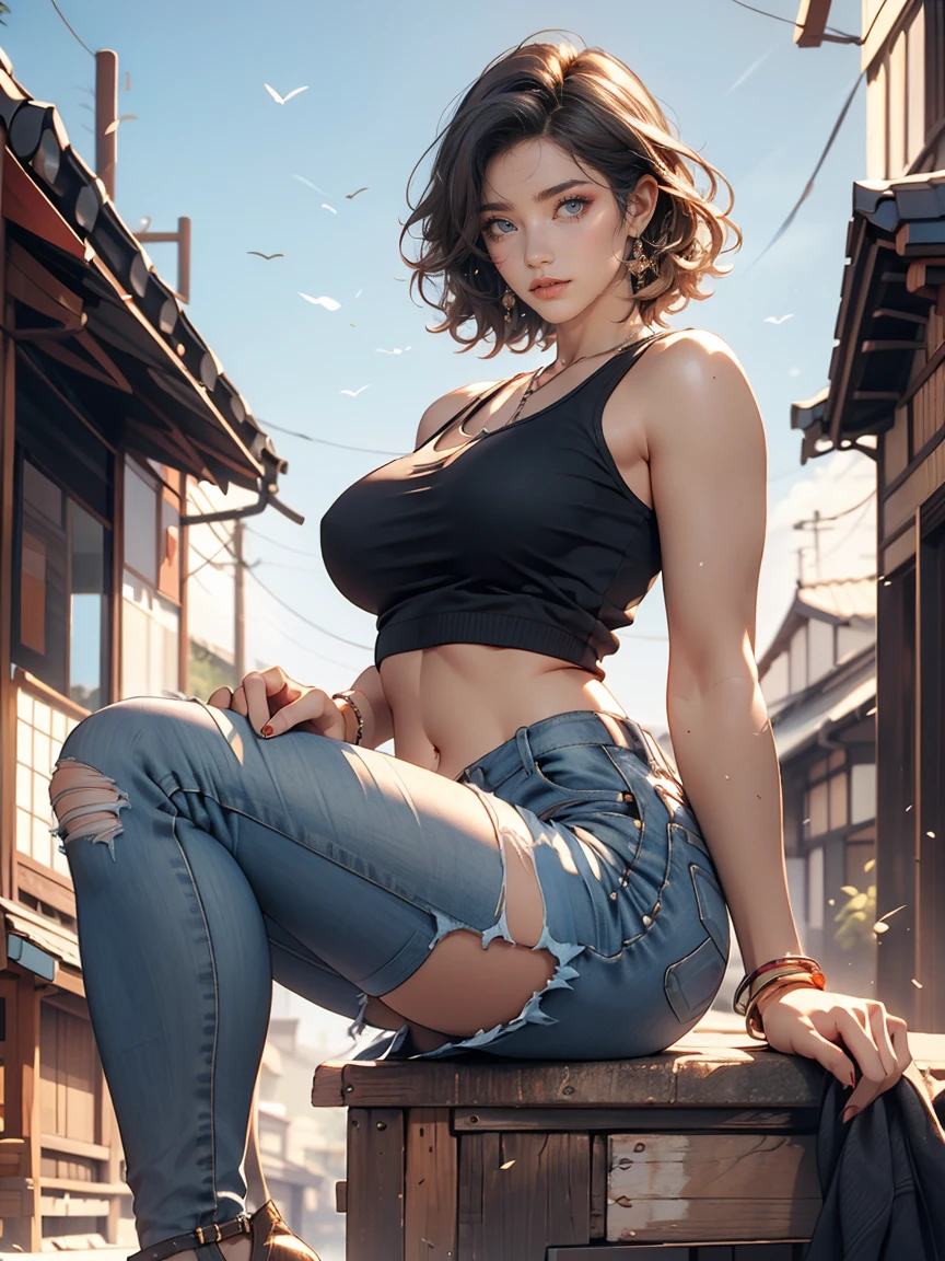 (8K, RAW photos, best quality, masterpiece:1.2), (realistic, photo-realistic:1.37)、26 year old Japanese woman、hair is gray、Eye color is dark blue、curly short hair、venus body、My chest sticks out、huge breasts, Exploding breasts, Sagging breasts due to gravity, Wear accessories on your ankles... She is wearing a lace tank top and a flowing see-through shirt....., ripped very short jeans、I can see your belly button、black stockings that reach the knees, High heels, very clear blue sky, quiet country street, Glowing skin under clear sunlight, standing posture, whole body,