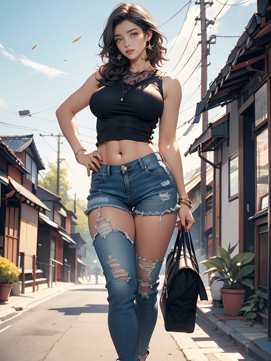 (8K, RAW photos, best quality, masterpiece:1.2), (realistic, photo-realistic:1.37)、26 year old Japanese woman、hair is gray、Eye color is dark blue、curly short hair、venus body、My chest sticks out、huge breasts, Exploding breasts, Sagging breasts due to gravity, Wear accessories on your ankles... She is wearing a lace tank top and a flowing see-through shirt....., ripped very short jeans、I can see your belly button、black stockings that reach the knees, High heels, very clear blue sky, quiet country street, Glowing skin under clear sunlight, standing posture, whole body,