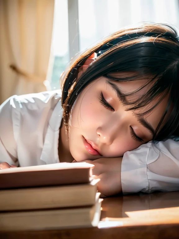 (highest quality,masterpiece:1.3,Ultra-high resolution),(Very detailed,Caustics,8k),(Realistic:1.4,RAW shooting),(School classroom),(Girl sleeping with her head on the desk:1.2),Sit on a chair,18-year-old,Japanese,Short black hair,(Cute sleeping face),(close your eyes:1.1),(The light coming in from the window illuminates the girl:1.1),(Curtains swaying in the wind),(Bust up shot),(Face Focus:1.1),(Face close-up:1.1),Natural light、