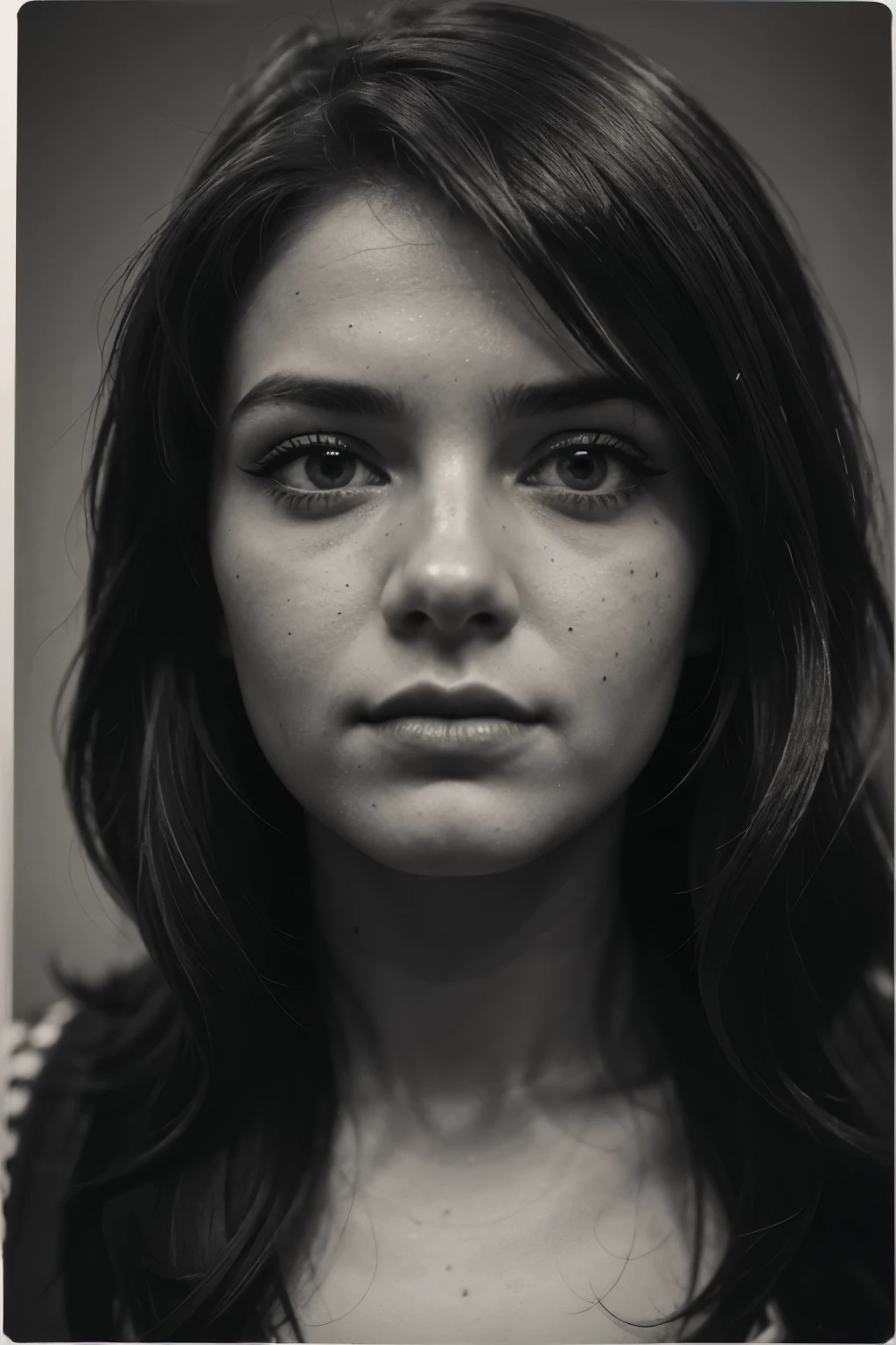 A girl in a mugshot, sketch, black and white, detailed features, cute, vintage style, high contrast lighting, expressive eyes, tousled hair. (best quality, highres, realistic:1.37), vintage, monochrome, intense gaze, dramatic lighting, rugged background, distressed paper texture, retro vibes, id photo, front view