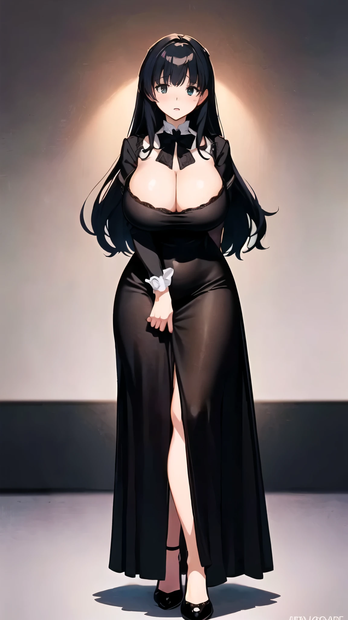 Anime-style woman in a black dress posing in front of a wall, Anime girl in a black dress, , thick, Beautiful and attractive anime woman, [ 4k digital art ]!!, Boob proportions, Enchanting anime girl, She has a plump, round belly, Tear from Overlord, Curvaceous. Detailed Expression