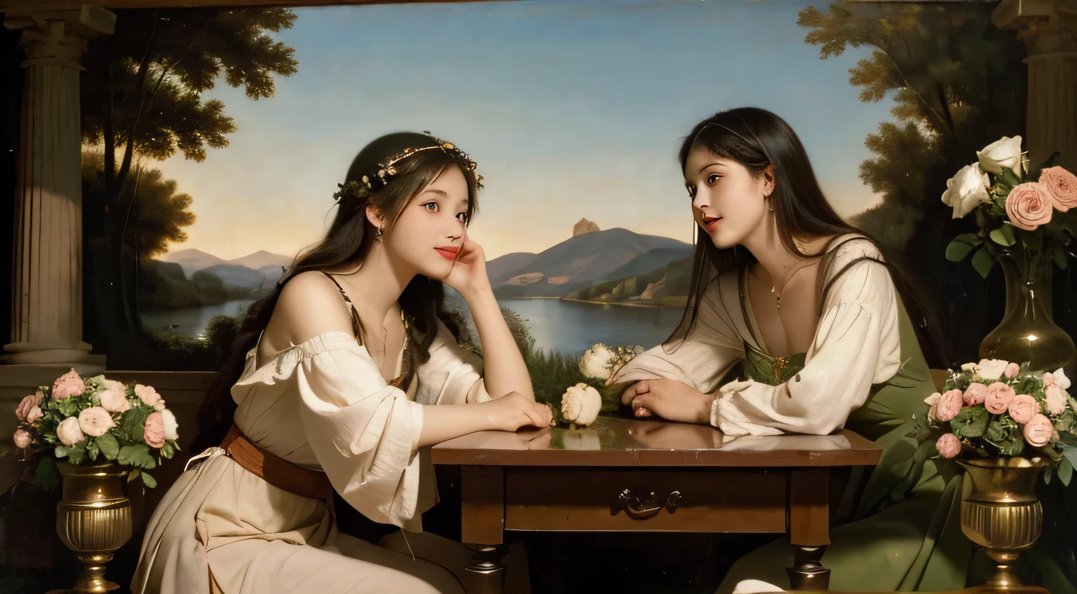 Giorgione painting style,Arguments of two female Philosophe,math、astronomical machine、astronaut、roses in vase、fruits、Cute trinkets、smile、ancient greek costume、Background is a forest lake at night 、Clothes that stretch your shou