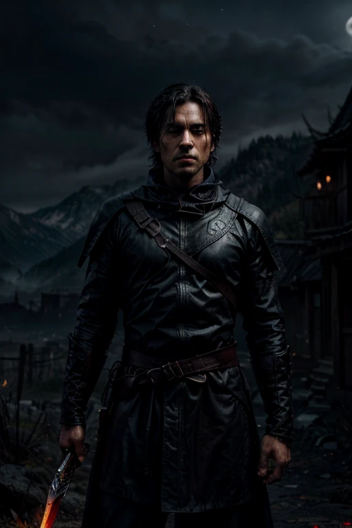 ((best quality)), ((masterpiece)), (detailed), perfect face Background: Mountains shrouded in mist with a dark atmosphere, creating a mysterious and tense mood. The dim light of the full moon gives the impression of a gloomy and dangerous night. A man stands with a determined face, holding a gleaming sword under the moonlight. Additional Details: Silhouette of a village in the background, a symbol or logo of a mysterious demon hunter in the bottom corner of the cover adds an element of mystery and adventure. Dominant dark colors such as black, dark blue, and gray to create a tense atmosphere. Red accents on the demon's eyes and fire in the burning village for dramatic contrast. Title "Dark Hunter" Using strong and sharp fonts with shadow or light effects, reflecting the strength and steadfastness of Kenji.
