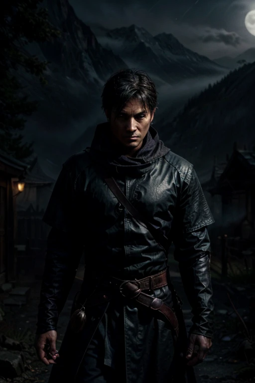 ((best quality)), ((masterpiece)), (detailed), perfect face Background: Mountains shrouded in mist with a dark atmosphere, creating a mysterious and tense mood. The dim light of the full moon gives the impression of a gloomy and dangerous night. A man stands with a determined face, holding a gleaming sword under the moonlight. Additional Details: Silhouette of a village in the background, a symbol or logo of a mysterious demon hunter in the bottom corner of the cover adds an element of mystery and adventure. Dominant dark colors such as black, dark blue, and gray to create a tense atmosphere. Red accents on the demon's eyes and fire in the burning village for dramatic contrast. Title  "Dark Hunter" Using strong and sharp fonts with shadow or light effects, reflecting the strength and steadfastness of Kenji. 