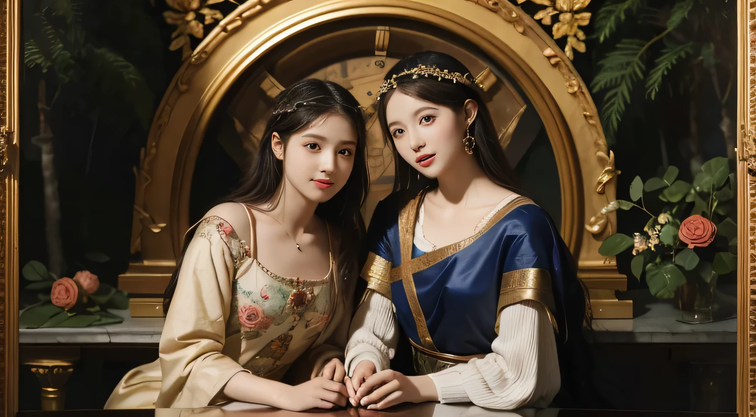 Giorgione painting style,Arguments of two female Philosophe,math、astronomical machine、astronaut、roses in vase、fruits、Cute trinkets、smile、ancient greek costume、Background is a forest lake at night 、Clothes that stretch your shou