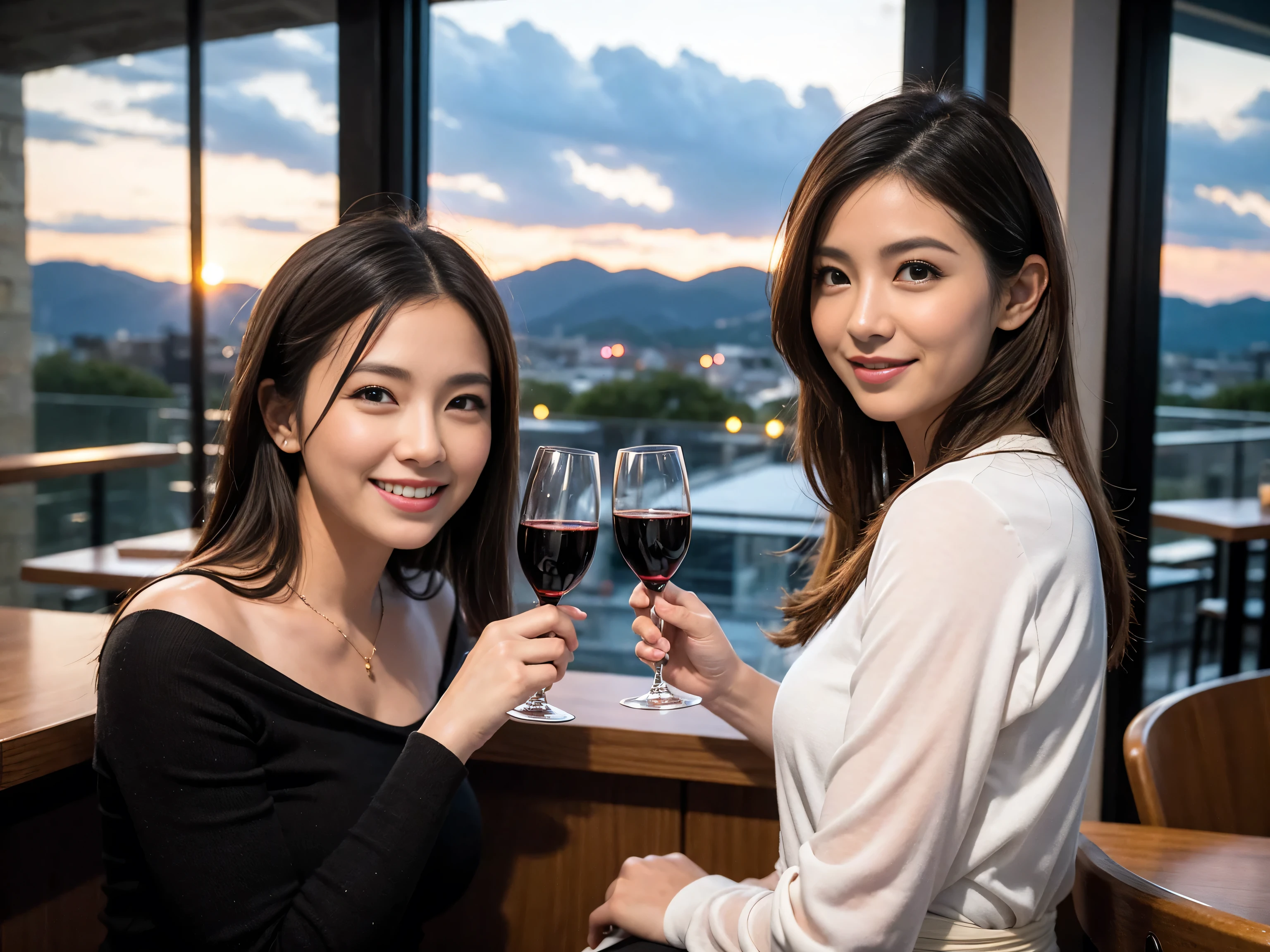 (highest quality、8k、masterpiece:1.3)、Beautiful woman with perfect figure:1.4、Ryoko Yonekura lookalike beauty、Dark brown hair、wine 、2 people、Knit dress、Highly detailed face and skin、fine grain、double eyelid、テーブルにWine Glass、Facial Lighting、 Amazing view of the sunset sky and clouds、Amazing mountain views、Laugh brightly、Smiling lovely woman、Bright image、The beauty of wine, Beautiful Face, blue eyes, Blushing, short hair,Bright Face、 (36 years old), 39 years old, Lady、Red wine 、Appetizers、Italian food、Wine Bottle、Champagne、Sparkling wine、Two beauties、Brown Hair、Shortcuts、Long sleeve shirt、dress、Pretty Woman 1, (Slim face), (The body is slim), (Brown Hair), (Shortcuts), cheeks turn a little red,Attractive beauty、, Out of the window, A beautiful and detailed night view unfolds.........., restaurant, In a prominent place (From the waist up) Nova Frog Style, actress, model, Upper Body, White wine, slim, Wine Glass,