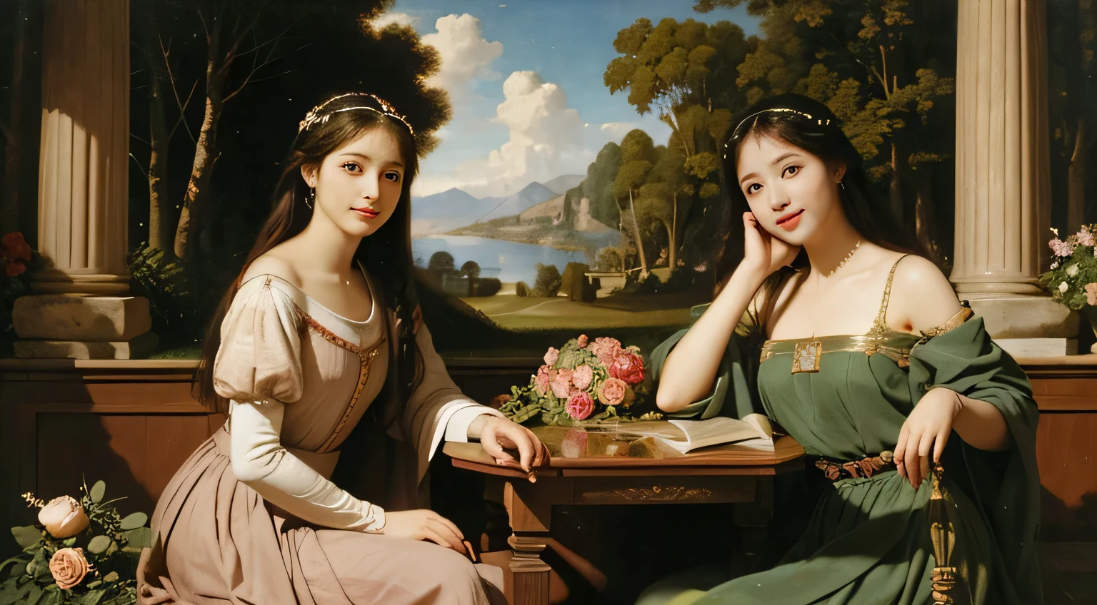 Giorgione painting style,Arguments of two female Philosophe,math、astronomical machine、astronaut、roses in vase、fruits、Cute trinkets、smile、ancient greek costume、Background is a forest lake at night 、Clothes that stretch your shou