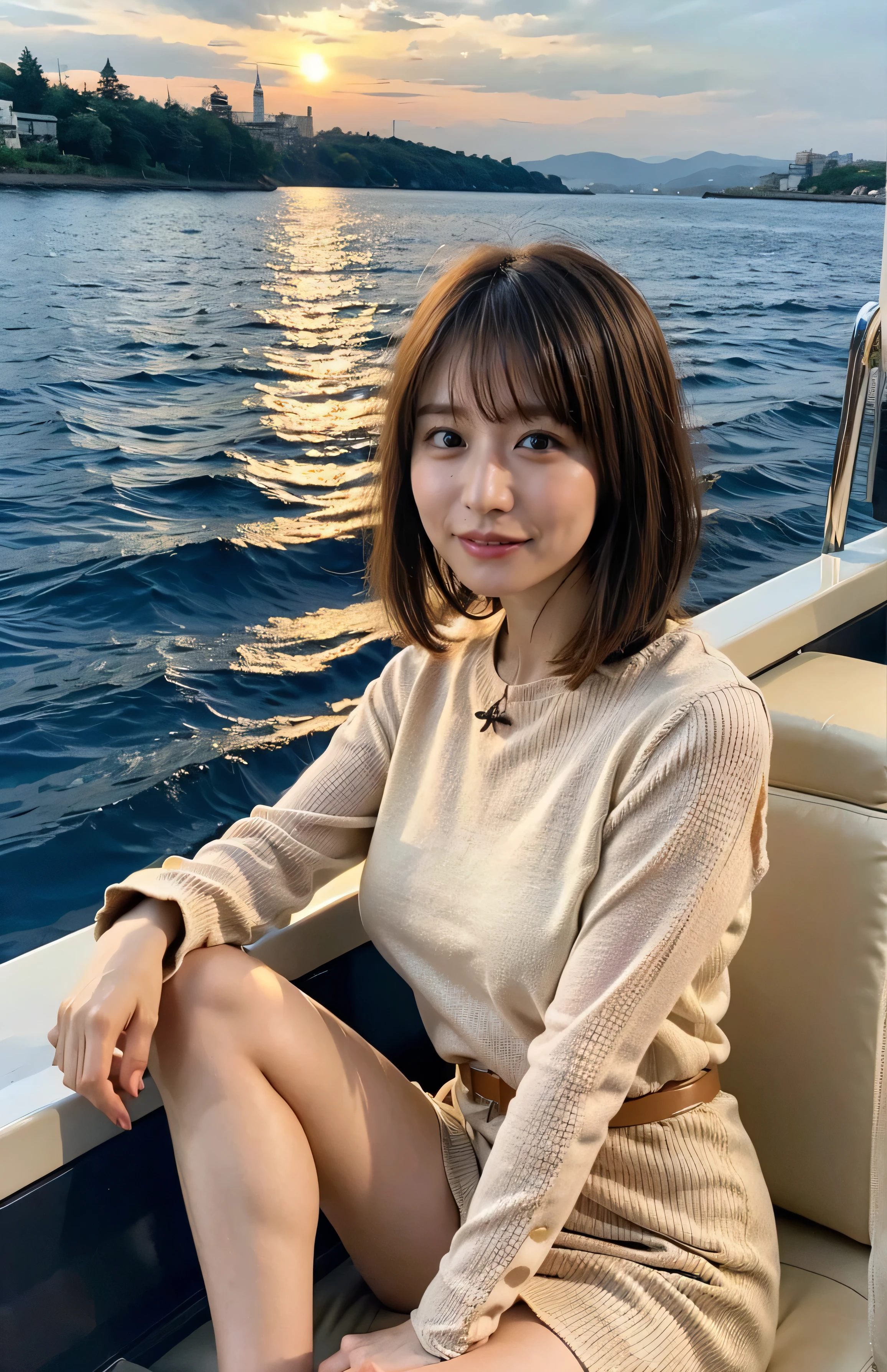 The sky turns red、Woman standing on a boat、Light brown hair、Elegant hairstyle、Blue Eyed Woman、A woman with a cute upward gaze、When the sky gets dark、The gentle light of the ship shines、The sky turns red as the sun sets、Tight clothing that shows your body lines、、Elegant summer knitwear、Elegant summer sweater、belt、Short skirt、Dress elegantly着こなす、Luxury Bags、、((Medium Short Hair:1.4))、Skyscrapers seen across the sea、Manhattan 私sland is visible offshore、Woman on a sightseeing boat、、The sun shines on her、Light brown hair、Light brown hair、The sky was dyed red、There are clouds、private's cute、An elegantly dressed woman is sitting on a boat and watching the sunset、Her ample breasts are obvious even through her clothes..、The shining sun is so beautiful、Dusk is approaching、Lens flare、I can see the sunset、((Sunlight reflecting off the ocean、Ocean View、The sun shines on the sea、'beautiful.、Small earrings、private'evening、Birds are also flying、、Brown Hair Color、Tying up hair、The woman is on the right:1.4))、High-quality leather belt、Shiny clothes、Light beige hair color、Background Blur、Braid only the front hair、Light brown hair、{{Cowgirl Shot}}、((Close-up shot from the waist up、Ample breasts:1.4))、Smile、Silk clothing、Ample breasts that can be seen even through clothes、Braid only the front hair、Cowboy Shot、Gorgeous white collared silk shirt and brown skirt、Dress elegantly、Luxury Bags、A lovely smile、((Ample breasts))、Full body photo、ring、Short skirt、Tuck your hair behind one ear、Silver Necklace、smile、 Elegant ponytail、Caustics、Highly detailed photos、Very beautiful and ideal short hair、Super no makeup、(8k、RAW Photos、highest quality、masterpiece:1.2)、(Realistic、Realistic)、1 girl、((Medium Short Hair、Looking into the camera:1.4))、Hair blowing in the wind
