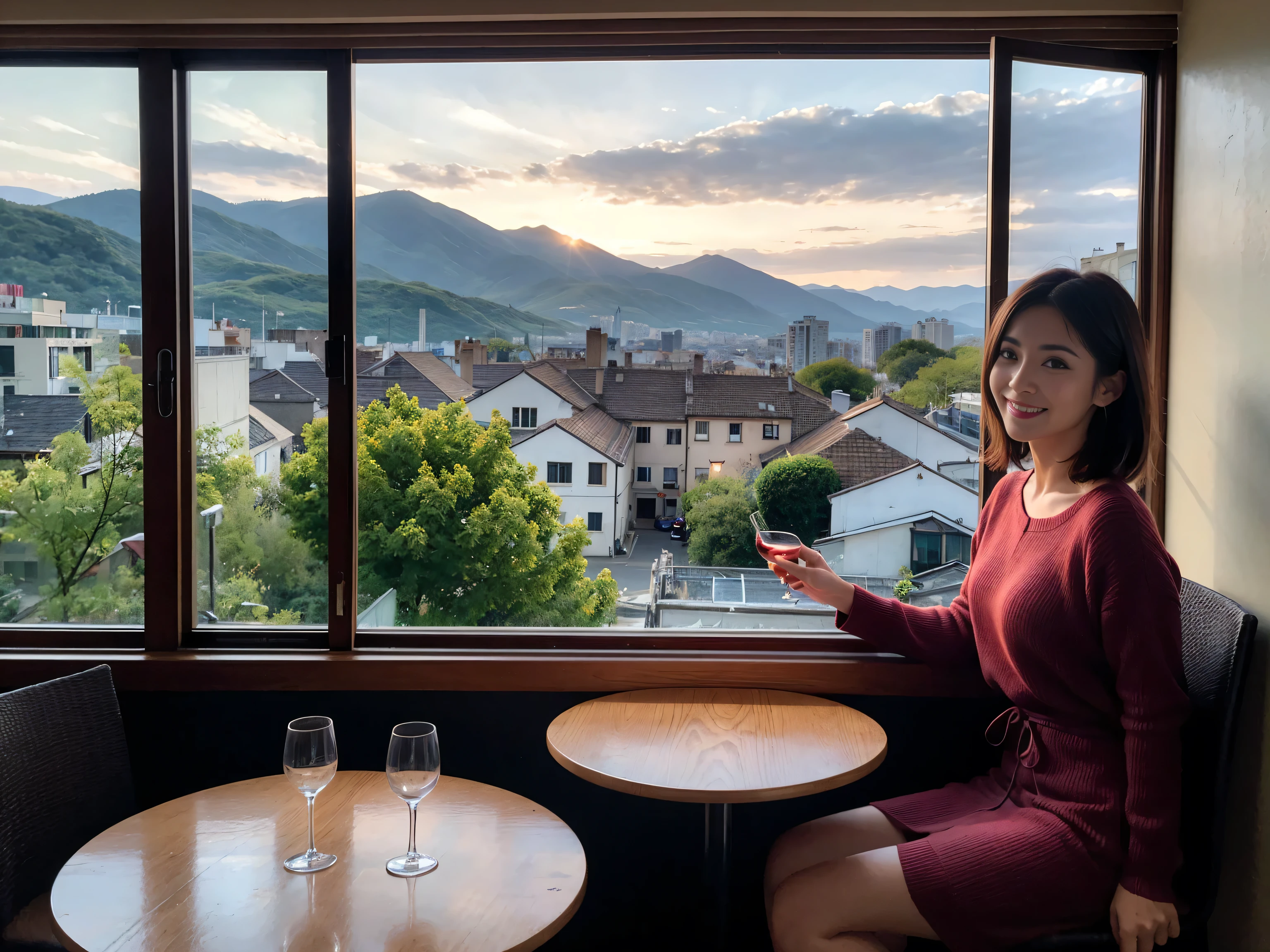 (highest quality、8k、masterpiece:1.3)、Beautiful woman with perfect figure:1.4、Ryoko Yonekura lookalike beauty、Dark brown hair、wine 、2 people、Knit dress、Highly detailed face and skin、fine grain、double eyelid、テーブルにWine Glass、Facial Lighting、 Amazing view of the sunset sky and clouds、Amazing mountain views、Laugh brightly、Smiling lovely woman、Bright image、The beauty of wine, Beautiful Face, blue eyes, Blushing, short hair,Bright Face、 (36 years old), 39 years old, Lady、Red wine 、Appetizers、Italian food、Wine Bottle、Champagne、Sparkling wine、Two beauties、Brown Hair、Shortcuts、Long sleeve shirt、dress、Pretty Woman 1, (Slim face), (The body is slim), (Brown Hair), (Shortcuts), cheeks turn a little red,Attractive beauty、, Out of the window, A beautiful and detailed night view unfolds.........., restaurant, In a prominent place (From the waist up) Nova Frog Style, actress, model, Upper Body, White wine, slim, Wine Glass,