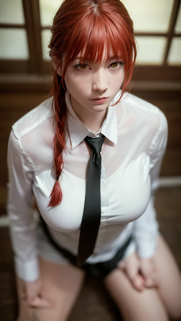 (8k, RAW photo, masterpiece, best quality, realistic:1.4), makima \(chainsaw man\), (red hair)+(long braided hair)+(bangs), yellow eyes, golden eyes, (ringed eyes), ((asian)), (white shirt), (necktie), tied up bangs, stare, smile, (evil:1.2), full body, Girls' Front, looking at viewers,