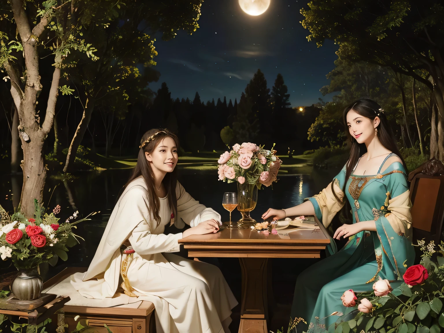 Giorgione painting style,Arguments of two female Philosophe,math、astronomical machine、astronaut、roses in vase、fruits、Cute trinkets、smile、ancient greek costume、Background is a forest lake at night 、Clothes that stretch your shou