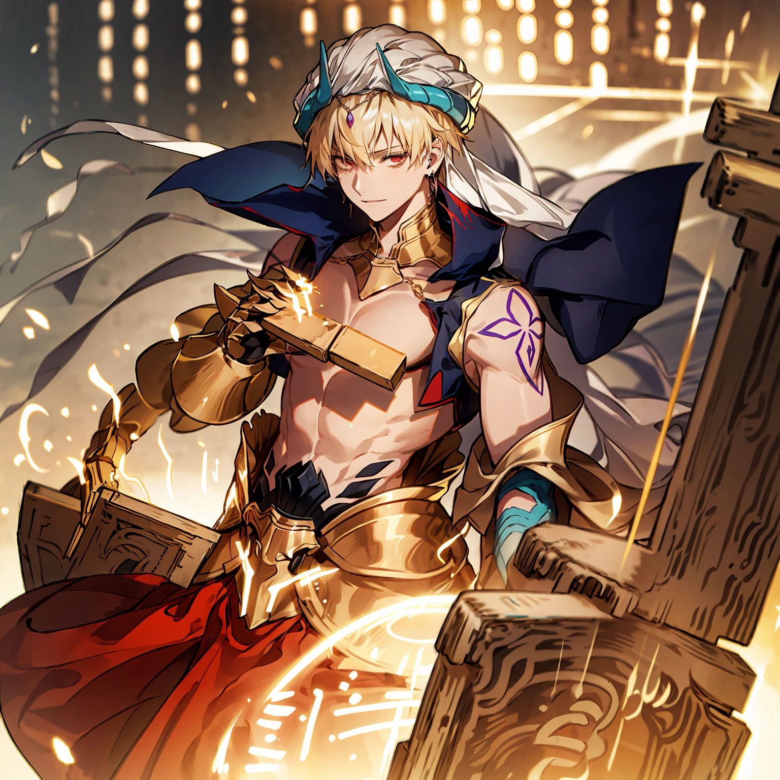 absurdres, highres, ultra detailed, HDR) master piece, best quality, Gilgamesh, blonde hair, expressive red eyes, solo, man, handsome, arabian clothes, fate grand order, gate of lon, holding a book