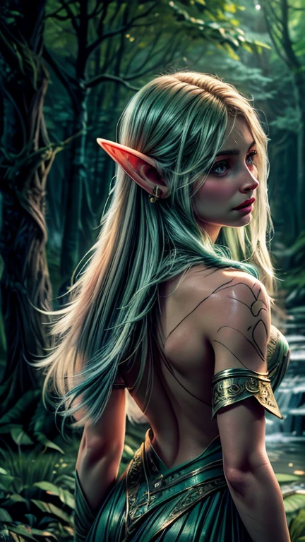 a beautiful elf girl looking back, long flowing hair, piercing green eyes, delicate facial features, detailed skin texture, intricate elf ear designs, detailed fantasy clothing, ethereal atmosphere, glowing magical aura, serene forest background, dramatic backlighting, vibrant colors, cinematic composition, high detail, photorealistic, digital painting