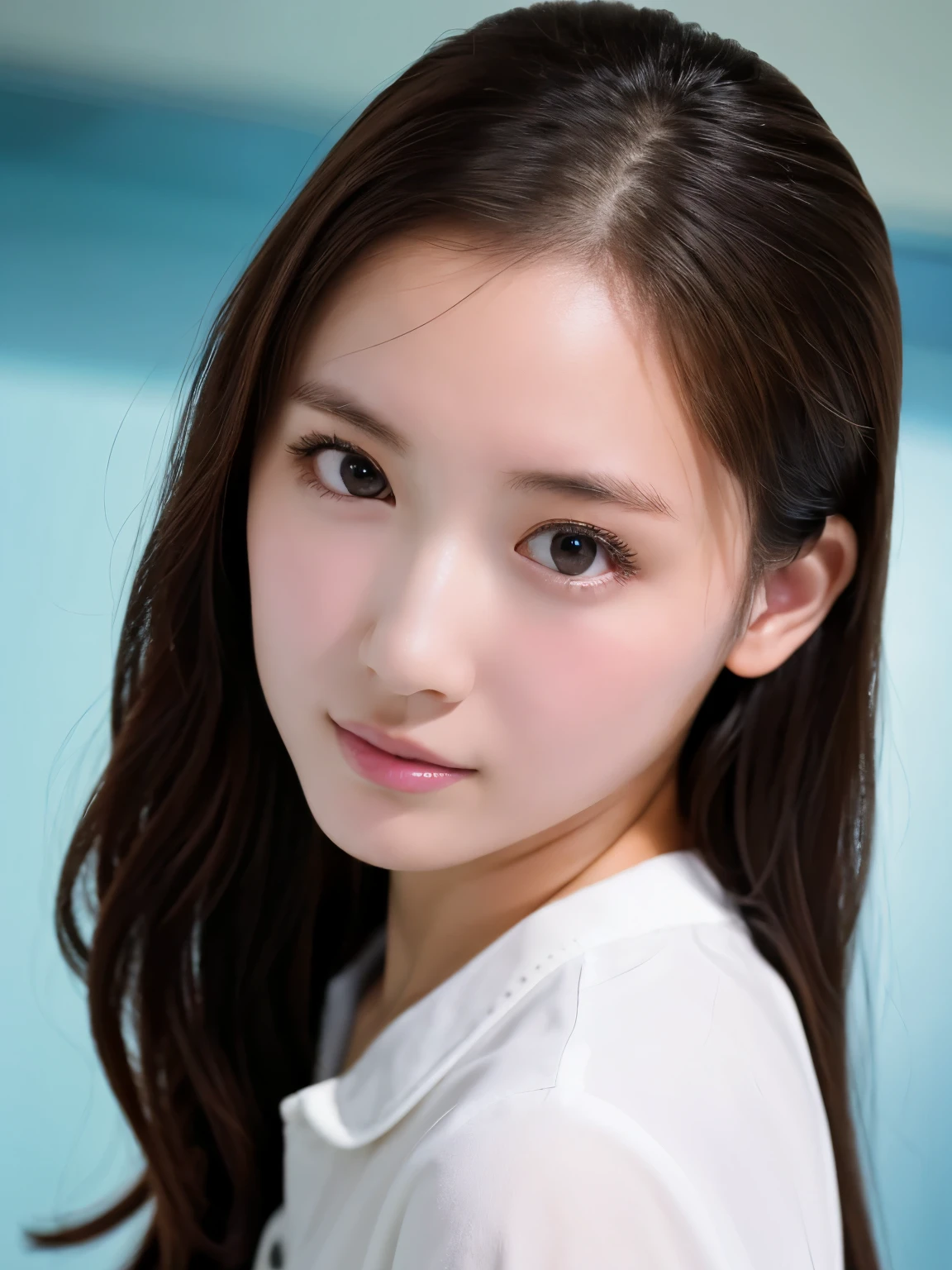 masterpiece, best quality, high resolution, absurd, face lighting, beautiful eyes, Shiny hair, White room, Perfect face, shiny skin, Depth of Field, (Browse:1.0), A girl, , look away, ((Change of clothes, Half naked)), Miss, puberty, locker room, Shoot from above