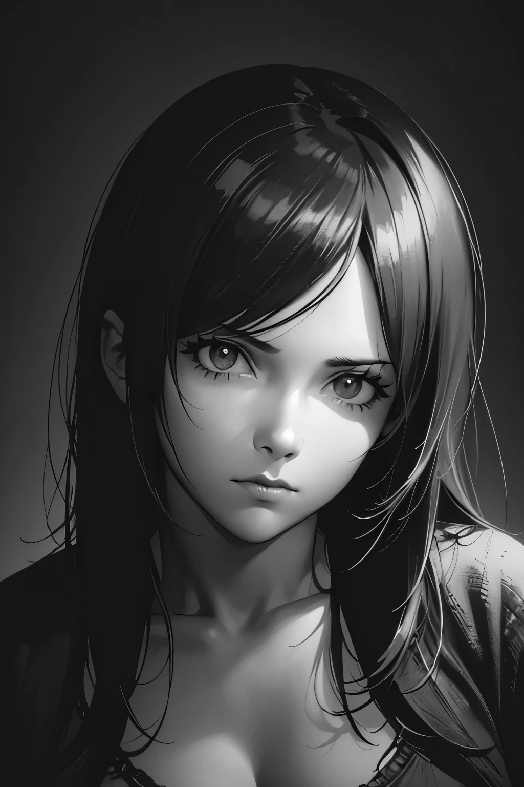 A girl in a mugshot, sketch, black and white, detailed features, cute, vintage style, high contrast lighting, expressive eyes, tousled hair. (best quality, highres, realistic:1.37), vintage, monochrome, intense gaze, dramatic lighting, rugged background, distressed paper texture, retro vibes, id photo, front view