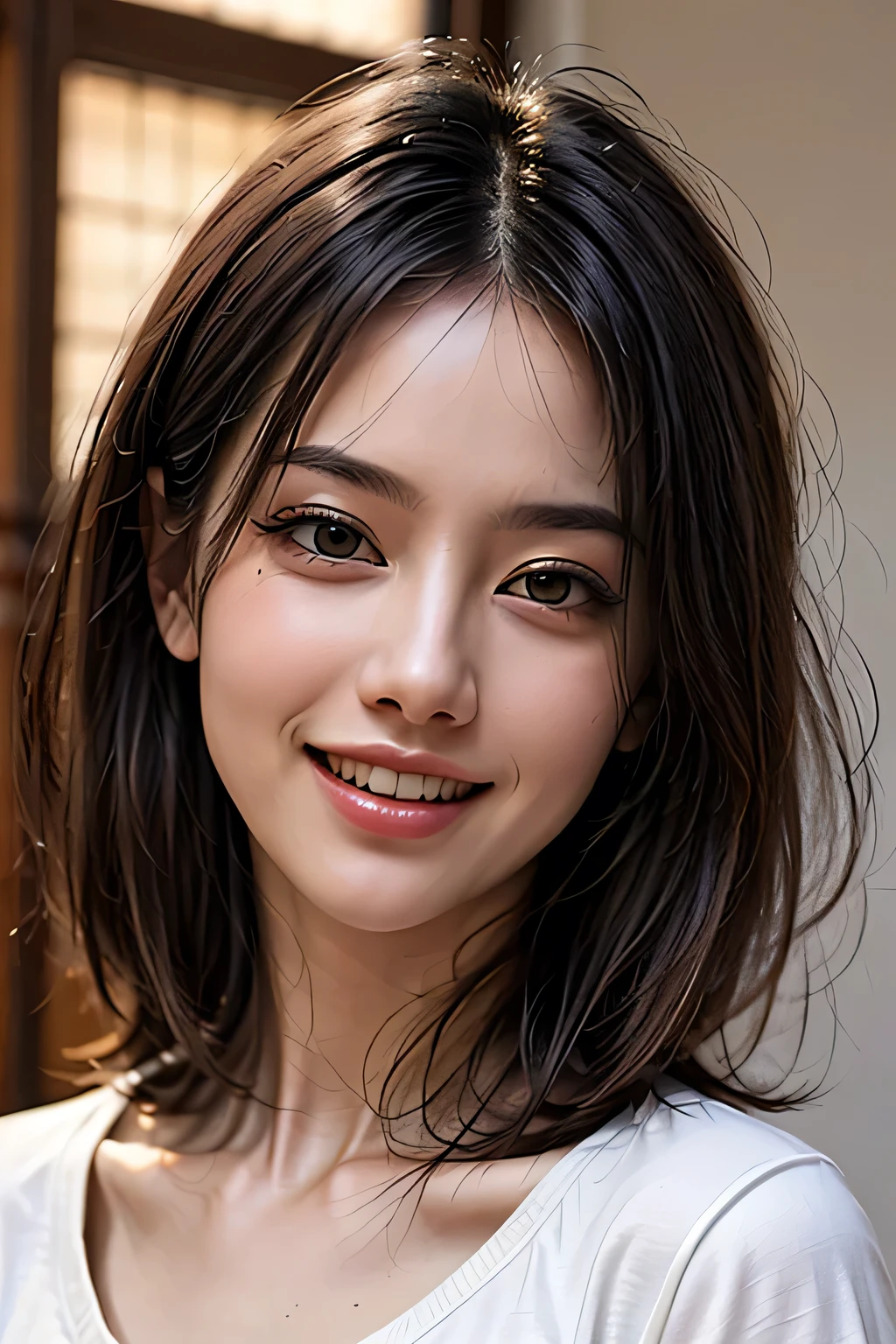 (8k, RAW Photos, highest quality, masterpiece, Realistic, Realistic), (1 female), (The ultimate beautiful Japanese mature), Highly detailed face, (Perfect Teeth), Beautiful Eyes, double eyelid, eyelash, ((smile)), Lip details, (Neat brunette bob), The light shines on your face, (Big Breasts), ((Blue T-shirt)), (Upper Body), ((background: none))