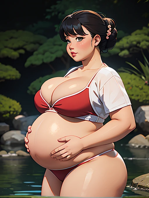 Gorgeous chubby pregnant woman, updo hair, (bikini), outdoor Japanese garden, bbw, morbidly obese, round protruding pregnant belly, weight gain, (high quality lighting),