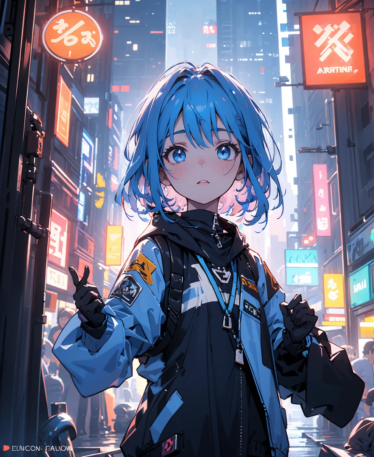 (masterpiece), (highest quality), Ultra-high resolution, Sharp focus, ((1 female, alone)), whole body, Cyberpunk Theme, Beautiful detailed hair, Light blue hair, long hair hangs down, Beautifully detailed face, ((Beautifully shaped eyes, Blue Eyes)), Perfect feminine face, View your viewers, Feminine navy blue enamel cyberpunk outfit,refined armor, Neon lights in the city of bright colors, (At night:1.2)